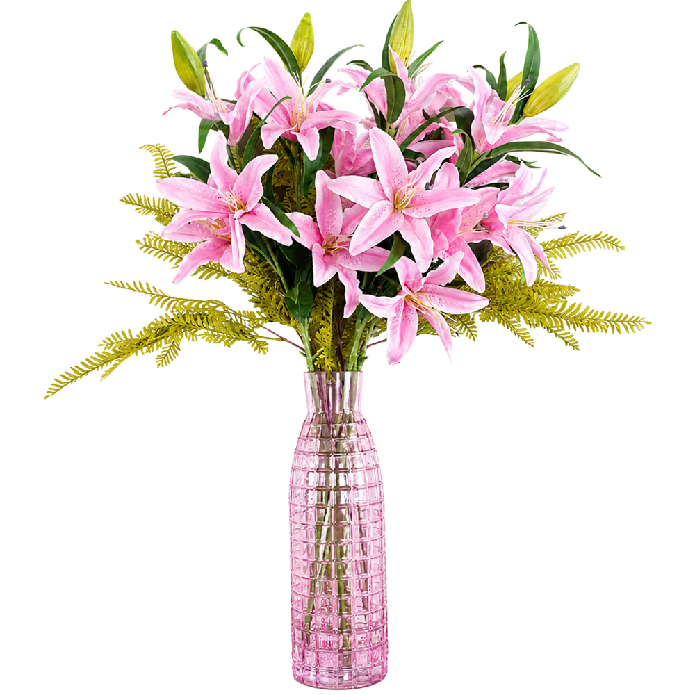 Leaf Pink Lily and Fern Artificial Flower Bundle with Glass Vase 100cm 8 Pack Image 1