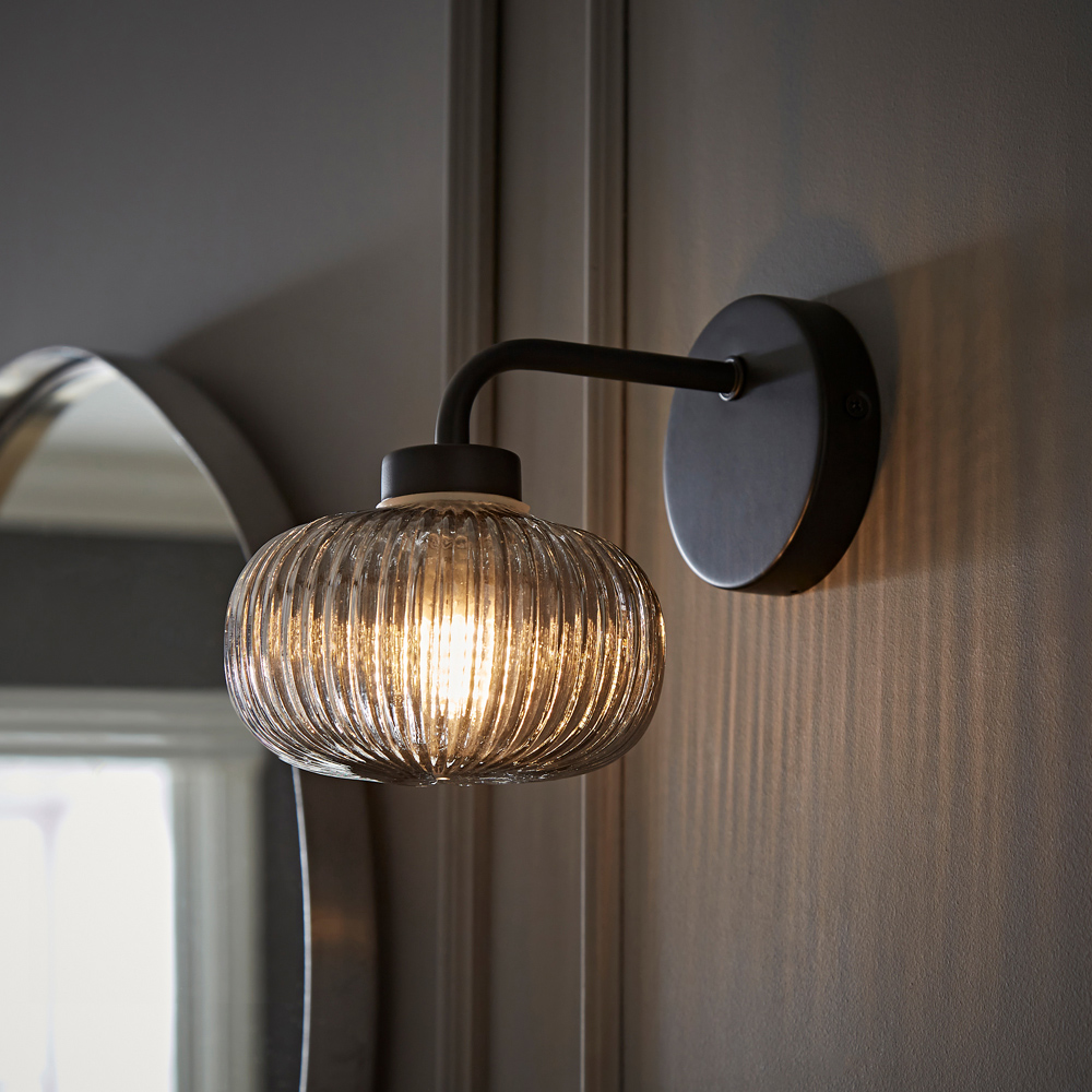 ValueLights Amaia Matt Black Smoked Ribbed Glass LED Wall Light Image 2