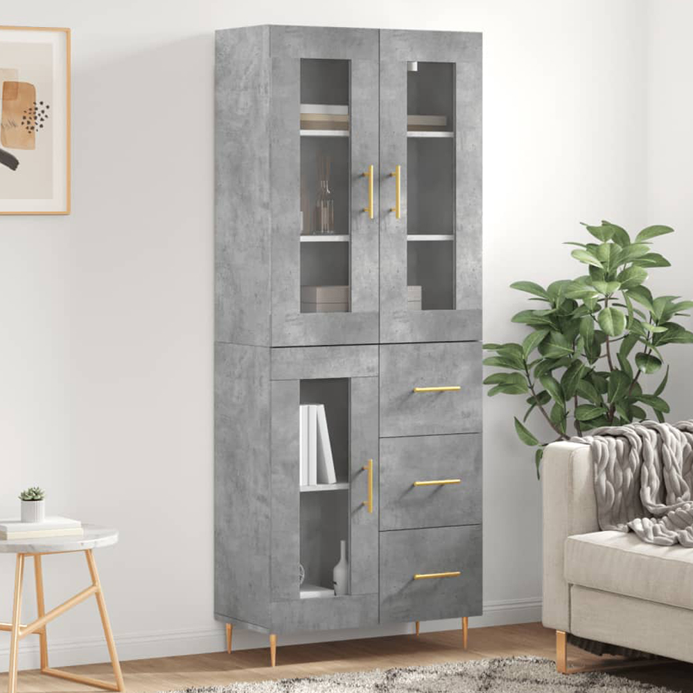 vidaXL 3 Glass Door 3 Drawer Concrete Grey Highboard with Gold Handle Image 1
