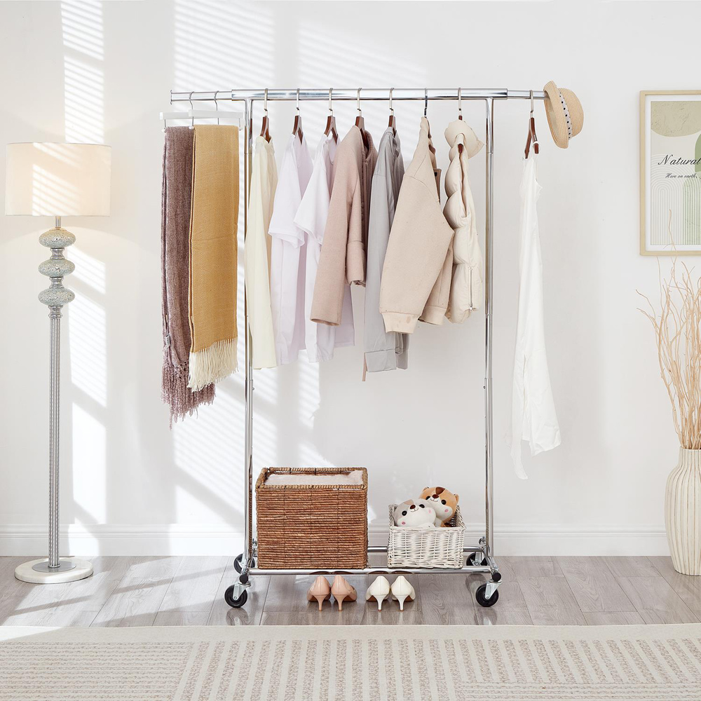 House Of Home Single Shelf Chrome Heavy-Duty Adjustable Rolling Clothes Rail Image 3