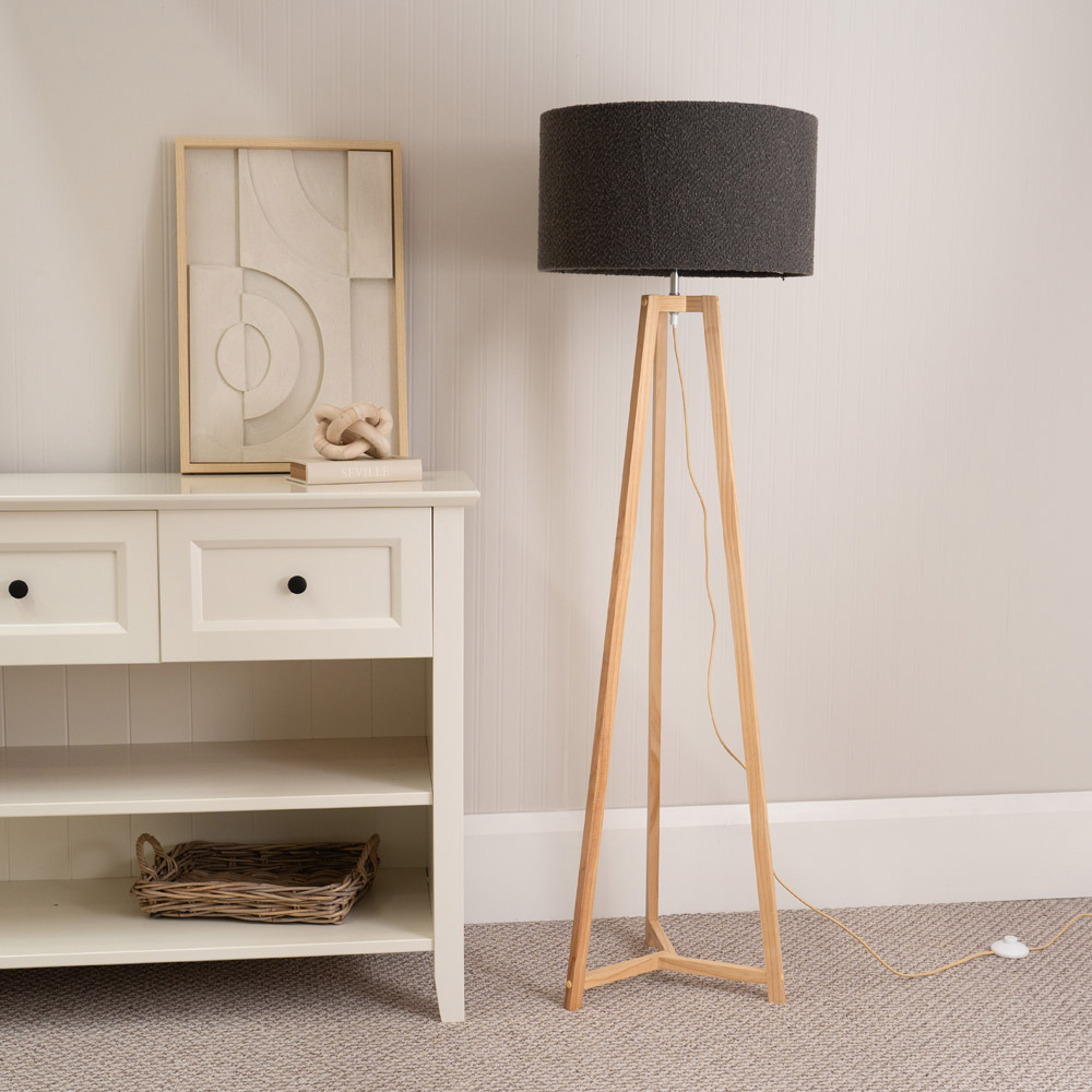ValueLights Lottie Charcoal Boucle Drum Shade Natural Wood Tripod LED Floor Lamp Image 3