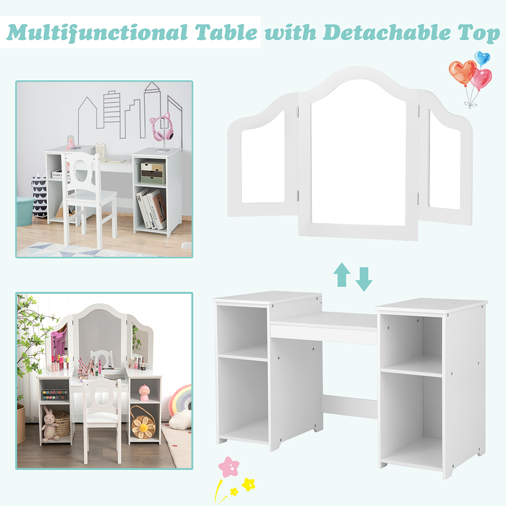 Costway White Kids Makeup Set with Tri Folding Detachable Mirror Image 7