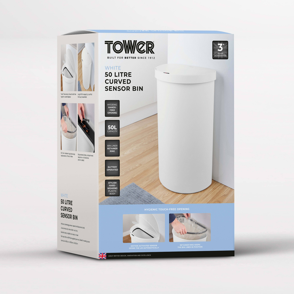 Tower White Curved Sensor Bin 50L Image 2