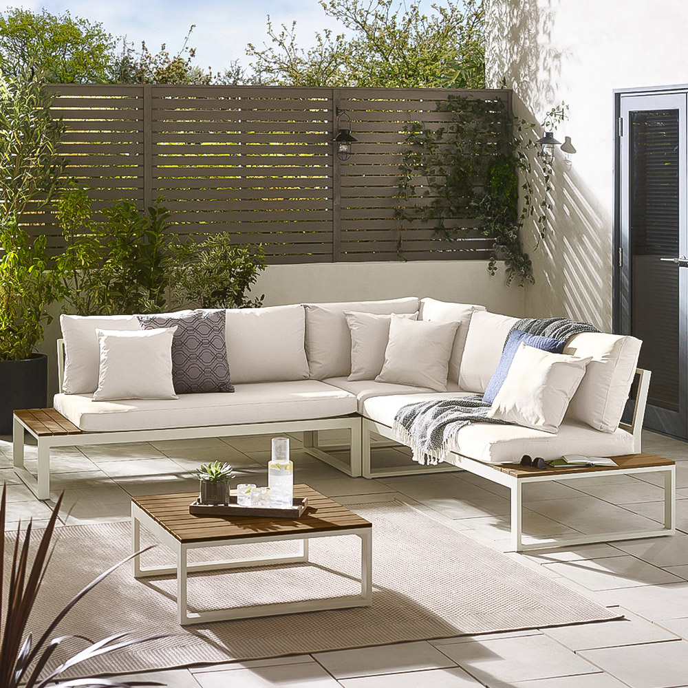 Furniturebox Bermuda 6 Seater White and Cream Garden Corner Sofa Set Image 1