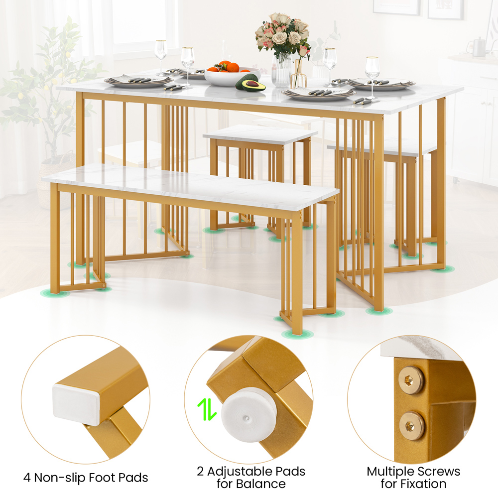 Costway 4 Seater Dining Set with Bench and Stools White and Golden Image 4