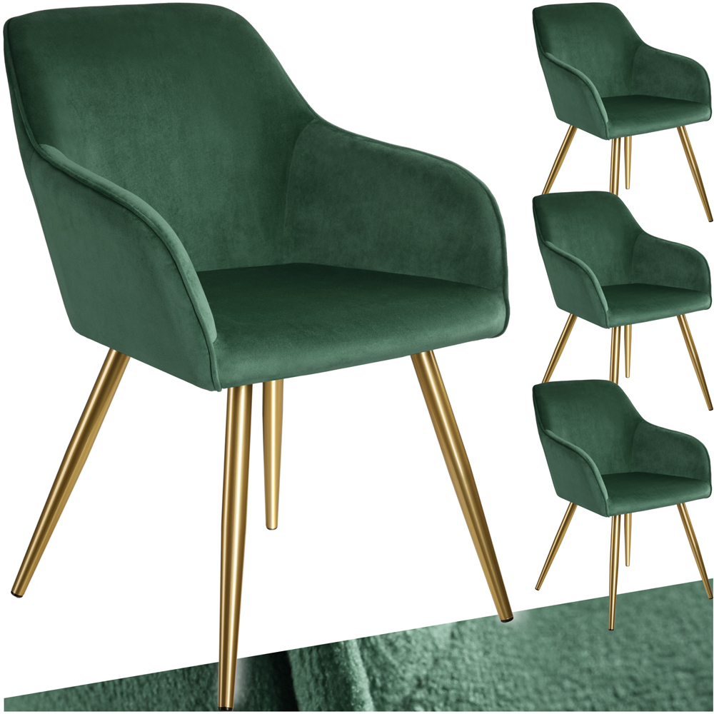 tectake Marilyn Set of 4 Dark Green and Gold Velvet Look Padded Accent Chairs Image 2