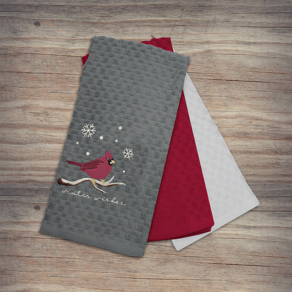 Noel Square Winter Robin Grey Tea Towel 3 Pack Image 2