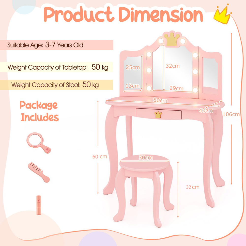 Costway Pink Kids Vanity Set with Lighted Mirror and Stool Image 9