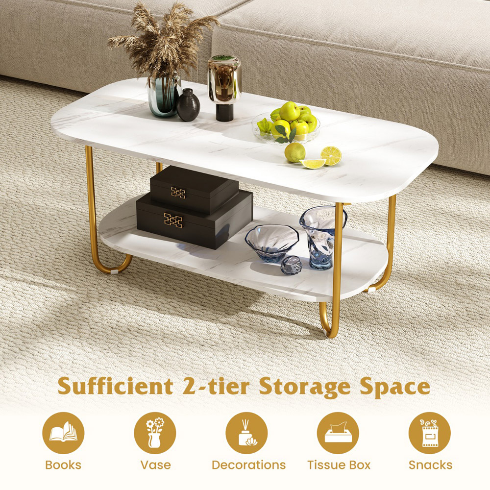 Costway Single Shelf White Faux Marble Coffee Table Image 7