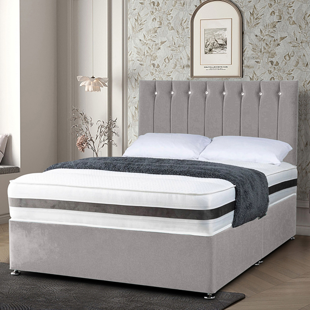 Eleganza Home Cocoon Double Silver Plush Velvet Divan Bed with Headboard Image 1
