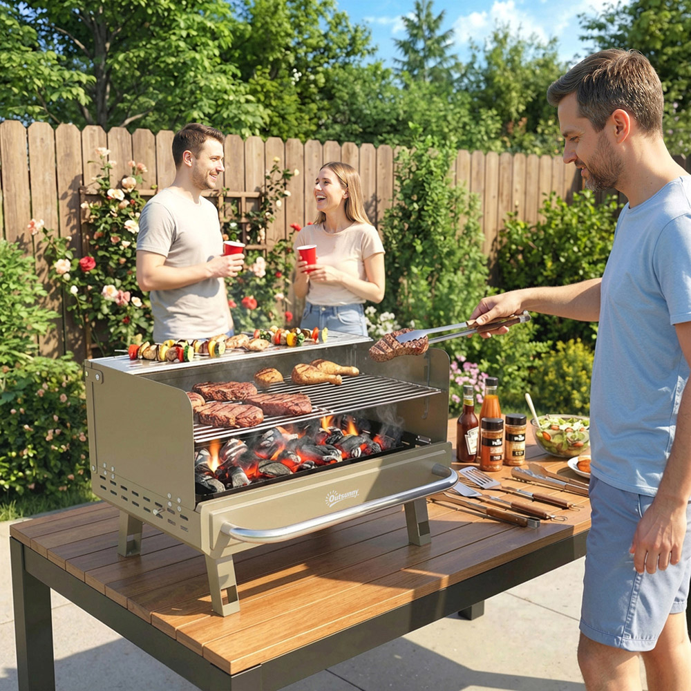 Outsunny Khaki Portable Barbecue Grill with Adjustable Grates and Side Shelf Image 2