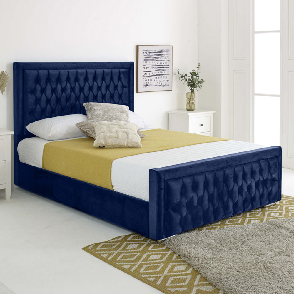 Eleganza Paloma Single Blue Plush Velvet Bed Frame with Headboard and Footboard Image 1