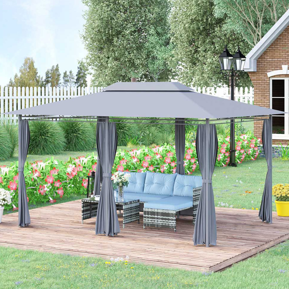 Outsunny 4 x 3m Grey Gazebo Shelter with Curtains Image 1