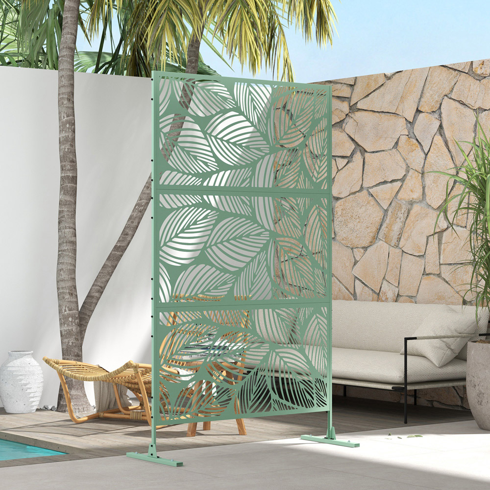 Outsunny 2 x 1m Green Leaf Style Metal Outdoor Privacy Screen Panel with Stand Image 5