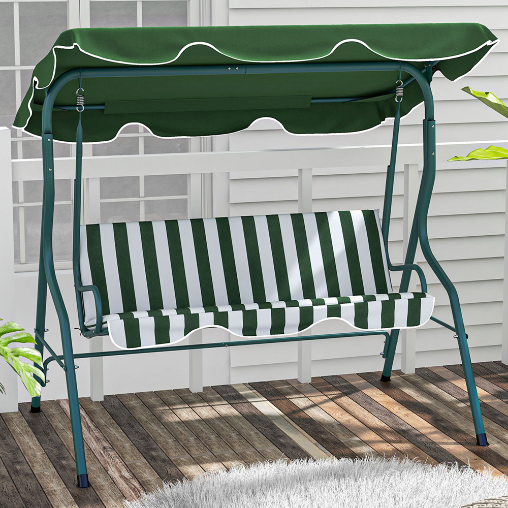 Outsunny 3 Seater Green and White Swing Chair with Canopy Image 1