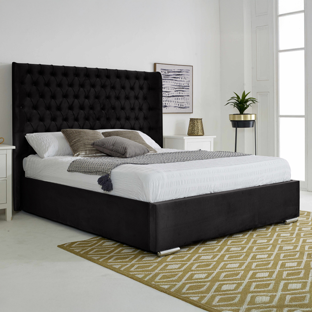 Eleganza Home Woodlake Single Black Plush Velvet Bed Frame with Chesterfield Headboard Image 1