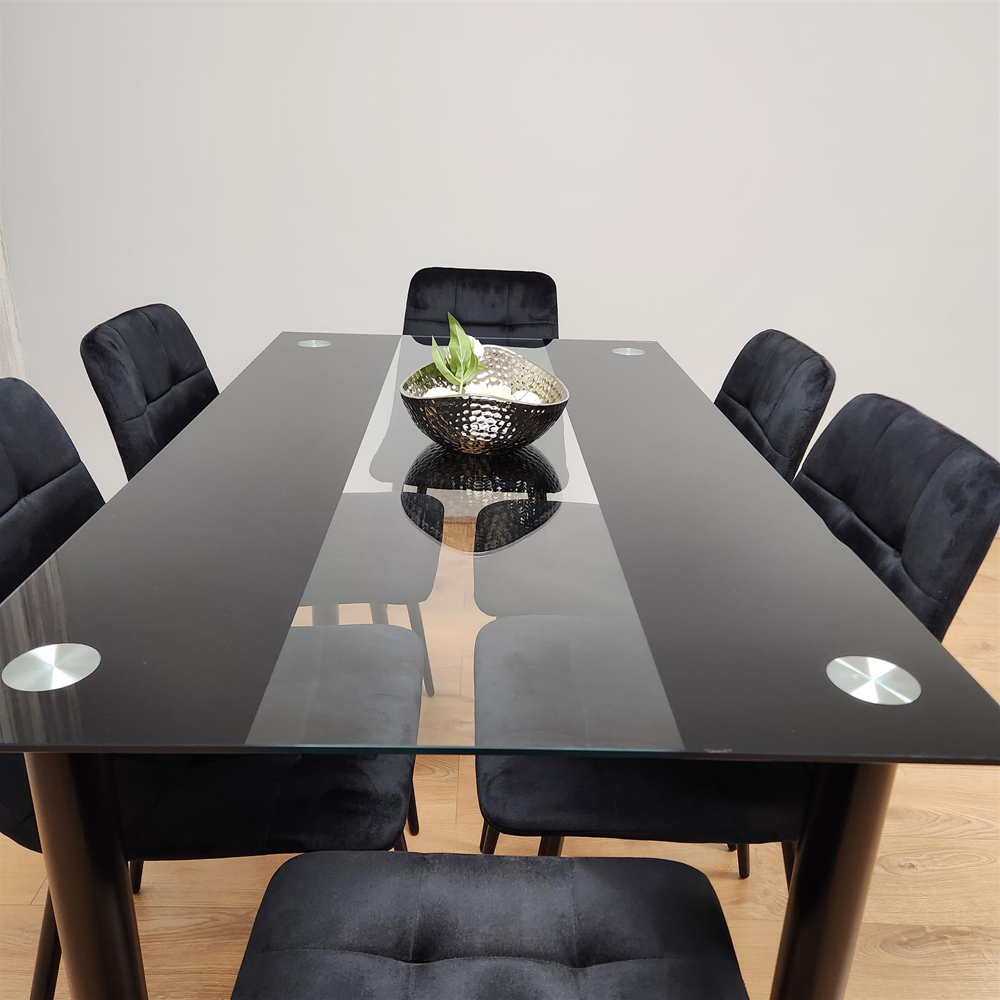Portland Glass 6 Seater Velvet Dining Set Black Image 2