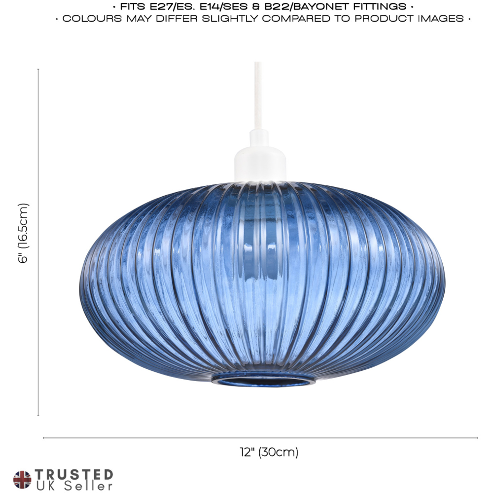 Happy Homewares Designer Navy Midnight Blue Line Ribbed Glass Oval Pendant Shade Image 7