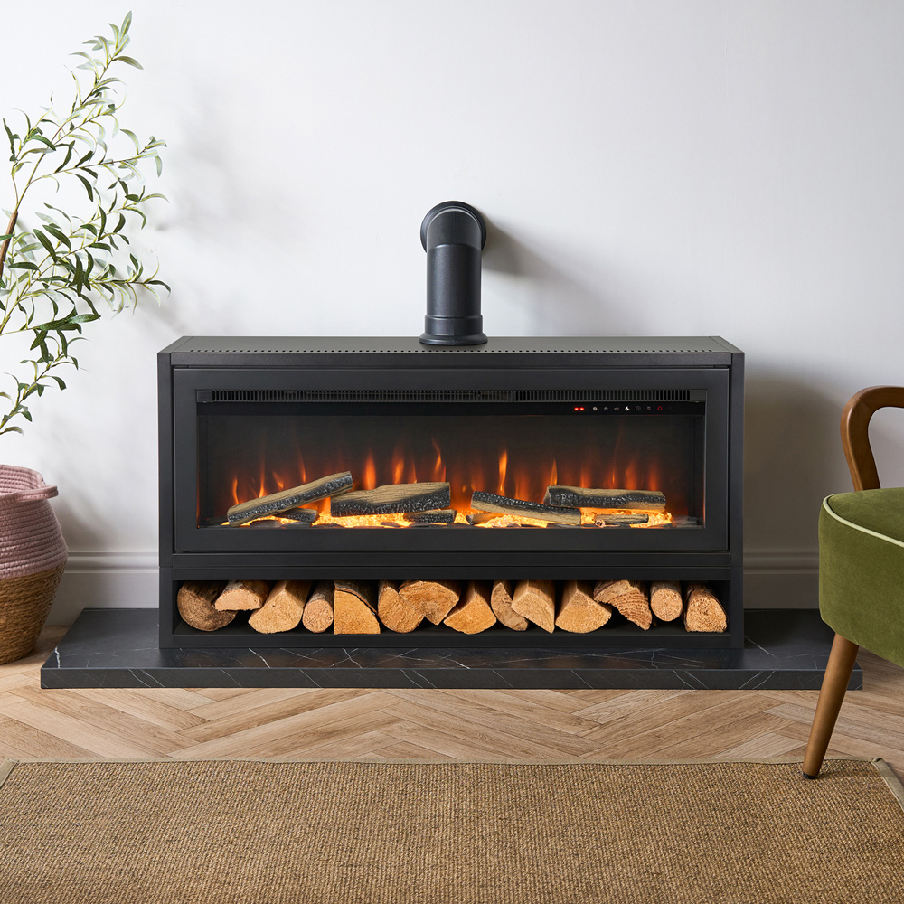 Acantha Vision Black Electric Media Stove with Log Store and Stove Pipe Image 8