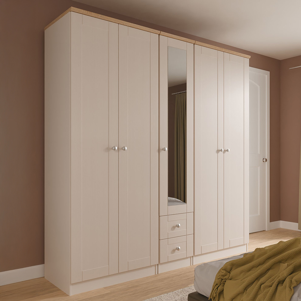 Crowndale Sussex 5 Door 2 Drawer Kashmir Ash and Bardolino Oak Tall Mirror Wardrobe Ready Assembled Image 1