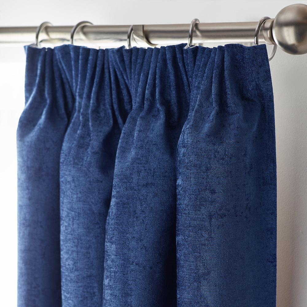 Alan Symonds Blue Chenille Blackout Pencil Pleat Curtains 168cm x 137cm Image 2