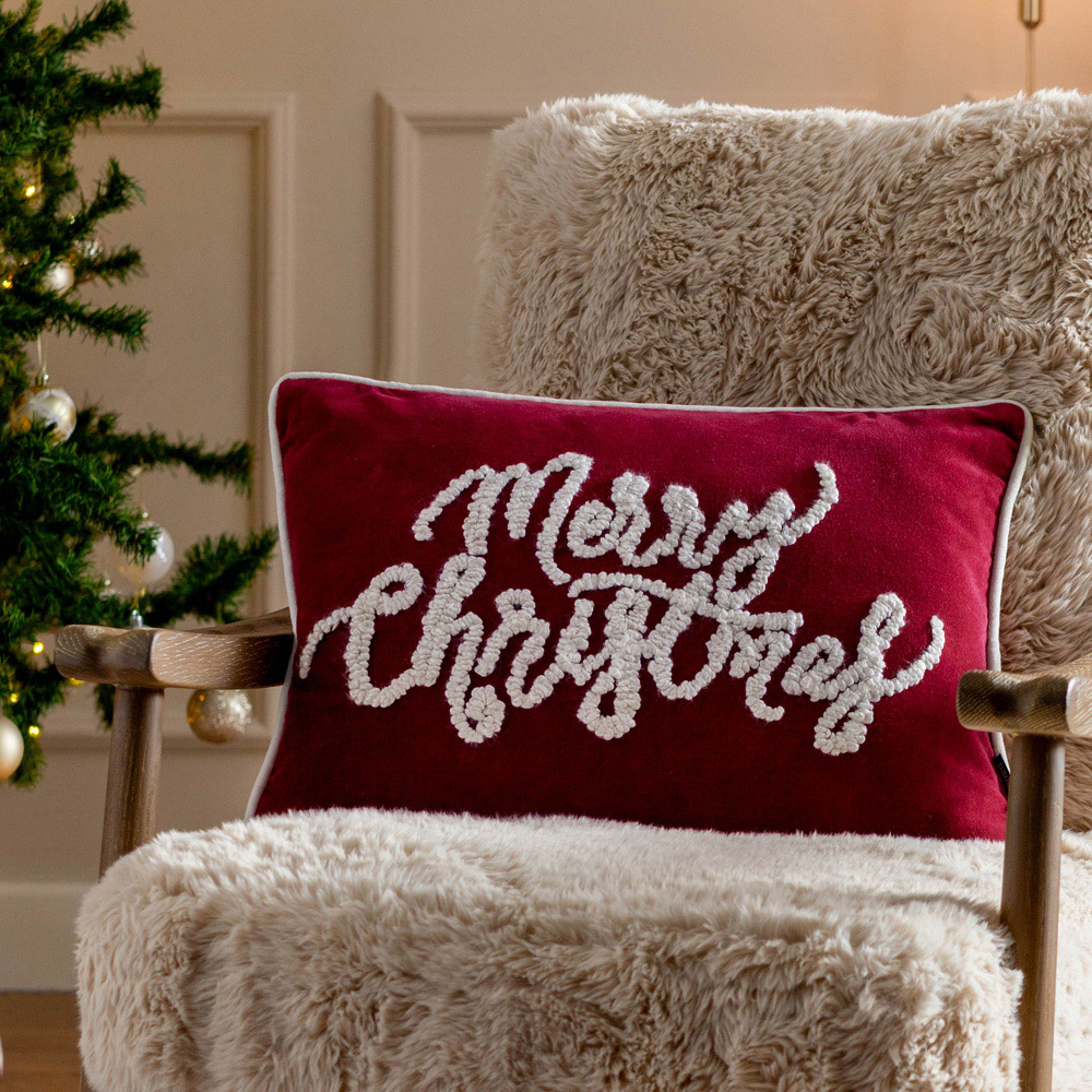 Paoletti Winter Merry Christmas Applique Red Velvet Cushion 35 x 50cm Image 2