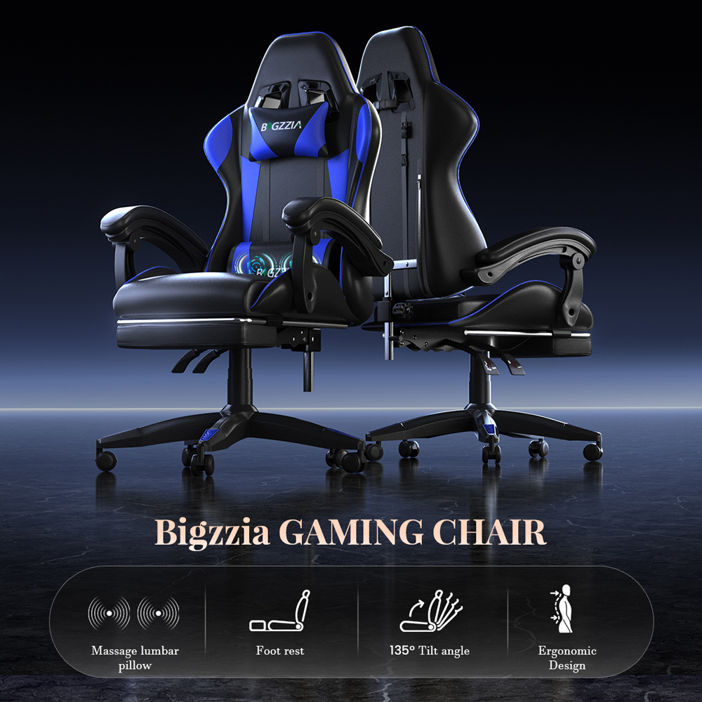 Rattrix Blue Reclining Gaming Chair with Massage Lumbar Cushion and Footrest Image 7