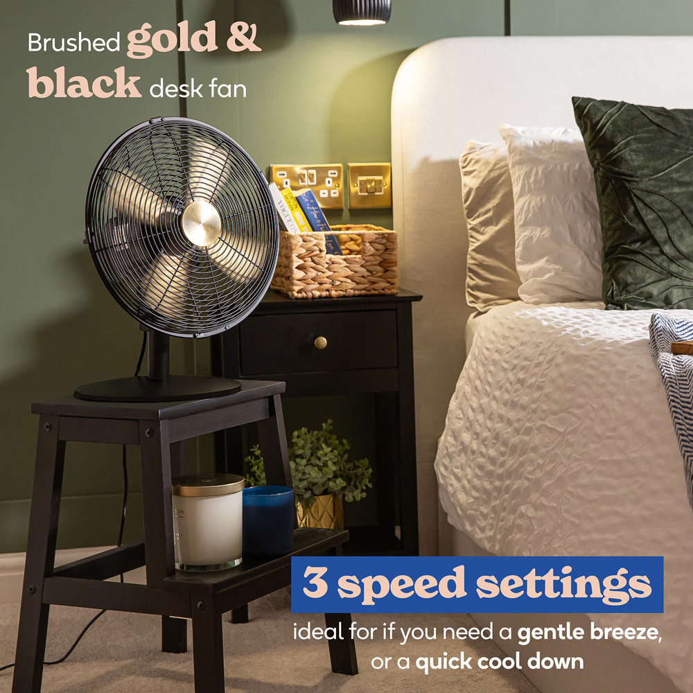 Russell Hobbs Brushed Gold and Black Metal Desk Fan 12 inch Image 3