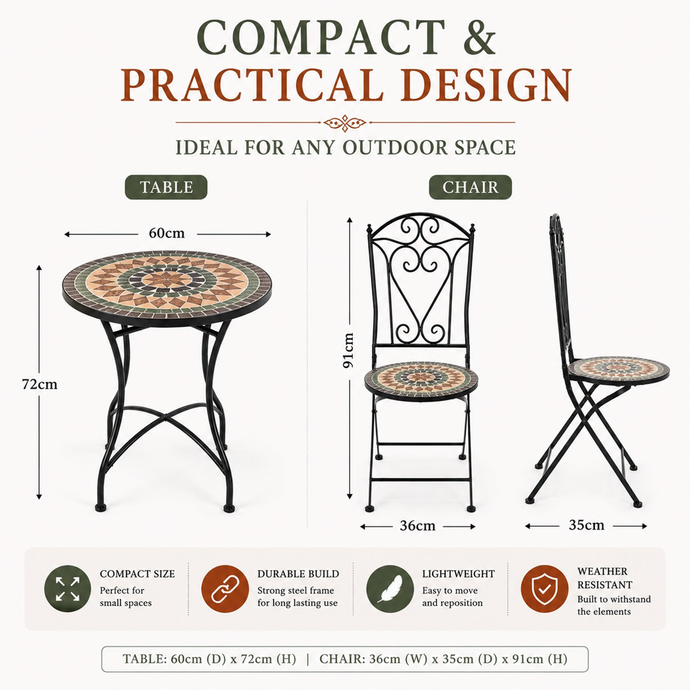 Shatchi Marrakech 2 Seater Mosaic Ceramic Tile Top Foldable Bistro Set Image 9