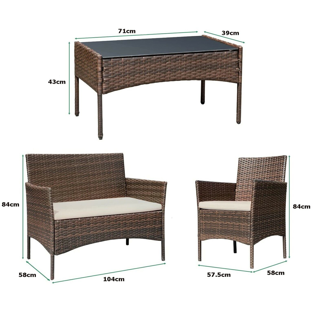 Roger 4 Seater Brown Rattan Outdoor Sofa Set with Table and Seat Cushions Image 7
