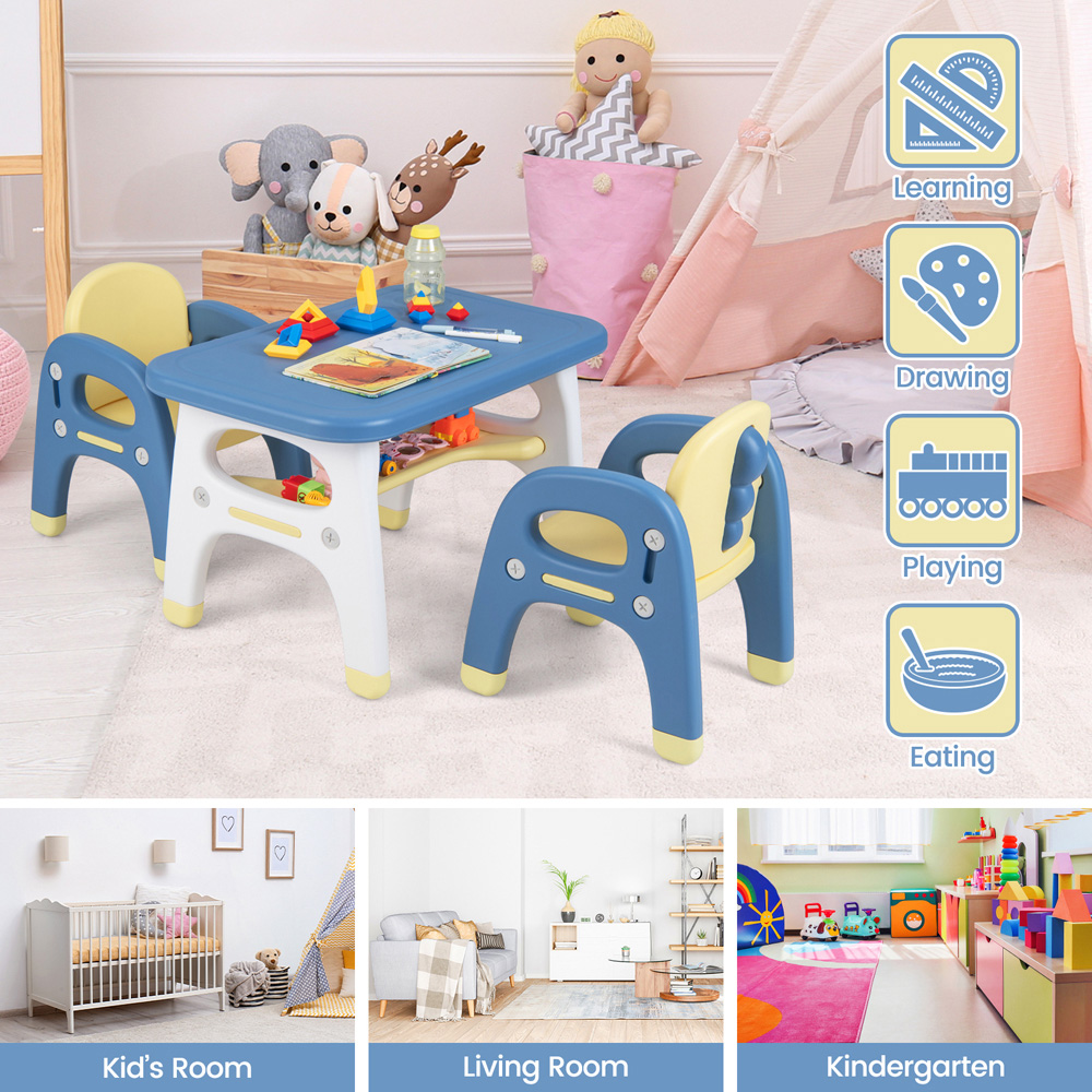Costway 2 Seater Blue Kids Table and Chair Set with Shelf and Building Blocks Image 6