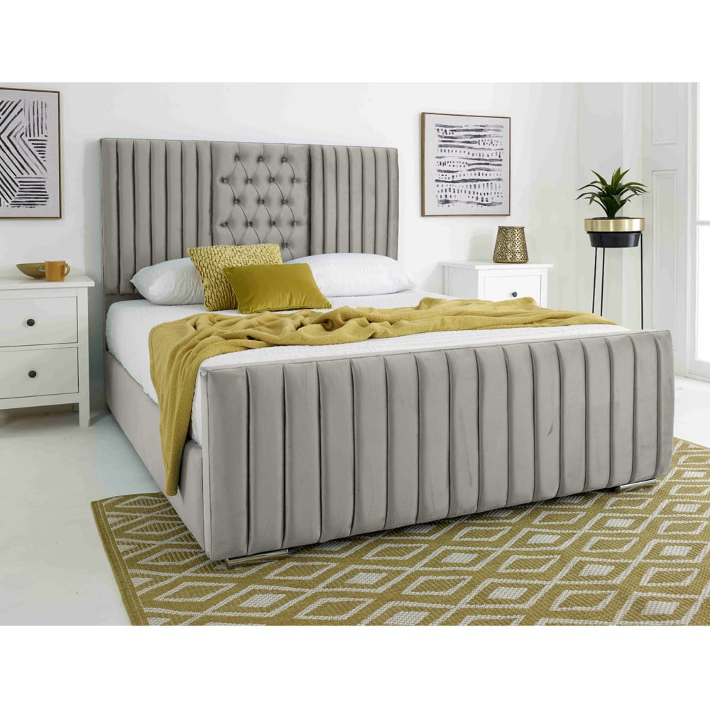 Eleganza Gracie Double Silver Plush Velvet Bed Frame with Lined Headboard Image 2