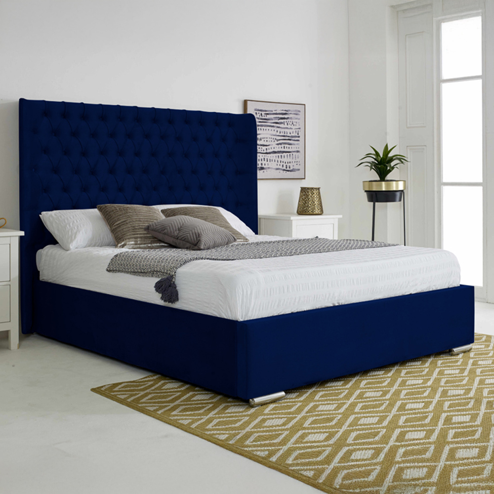 Eleganza Home Woodlake Single Blue Plush Velvet Bed Frame with Chesterfield Headboard Image 1