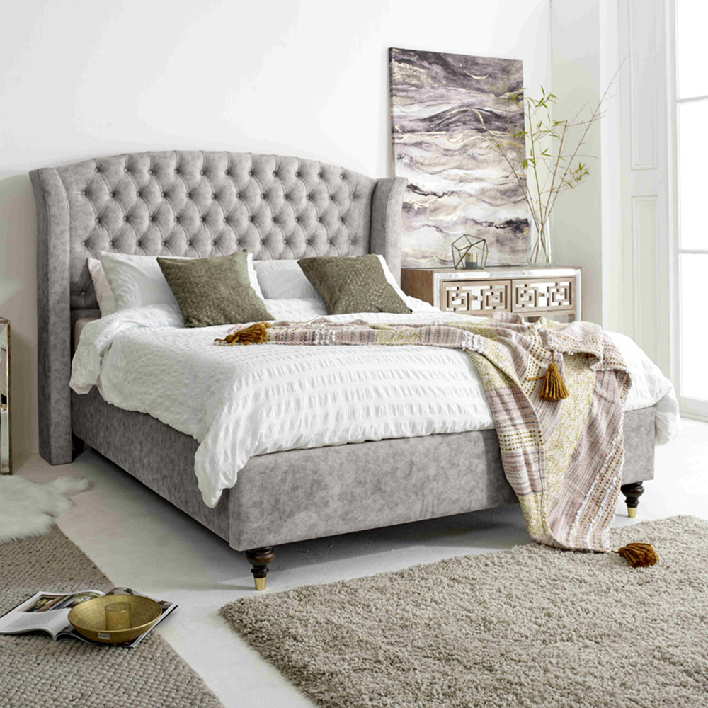 Eleganza Roseland Double Silver Oakland Fabric Bed Frame with Chesterfield Headboard Image 1