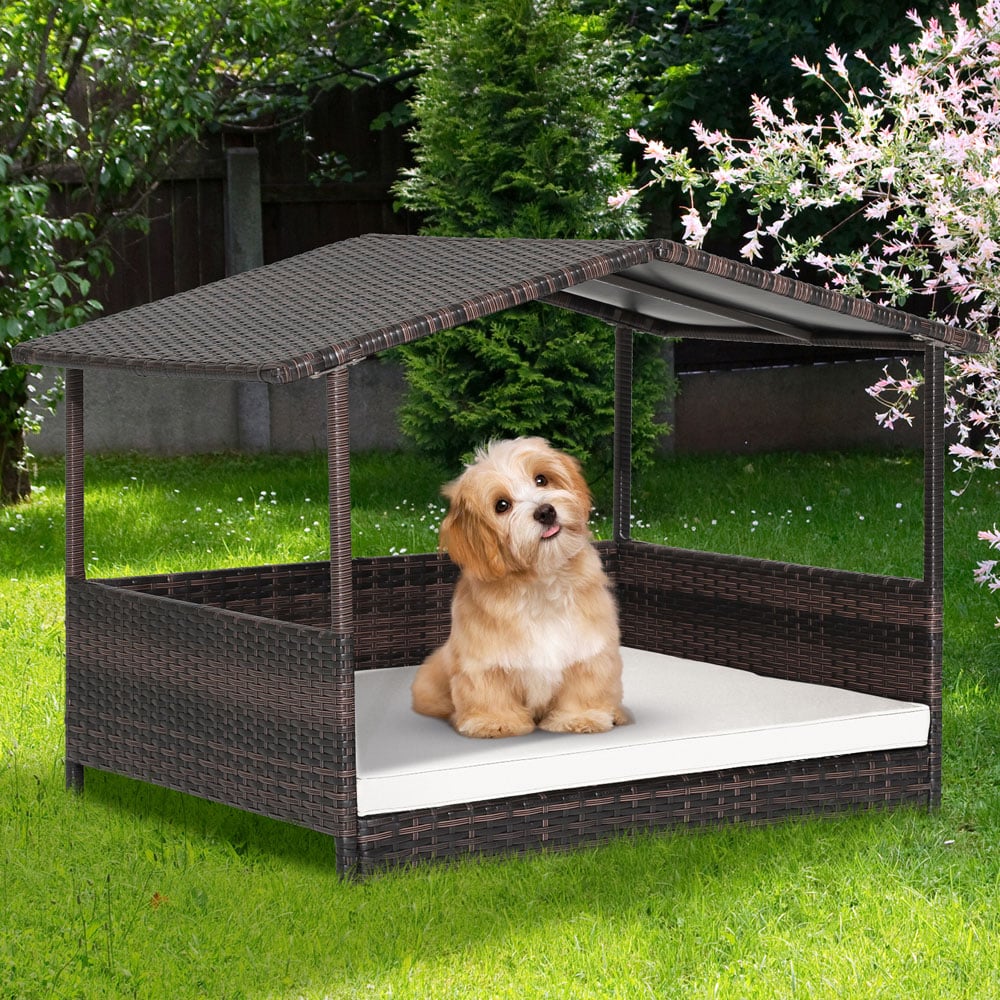 Costway White Wicker Dog House with Removable Cushion Image 2
