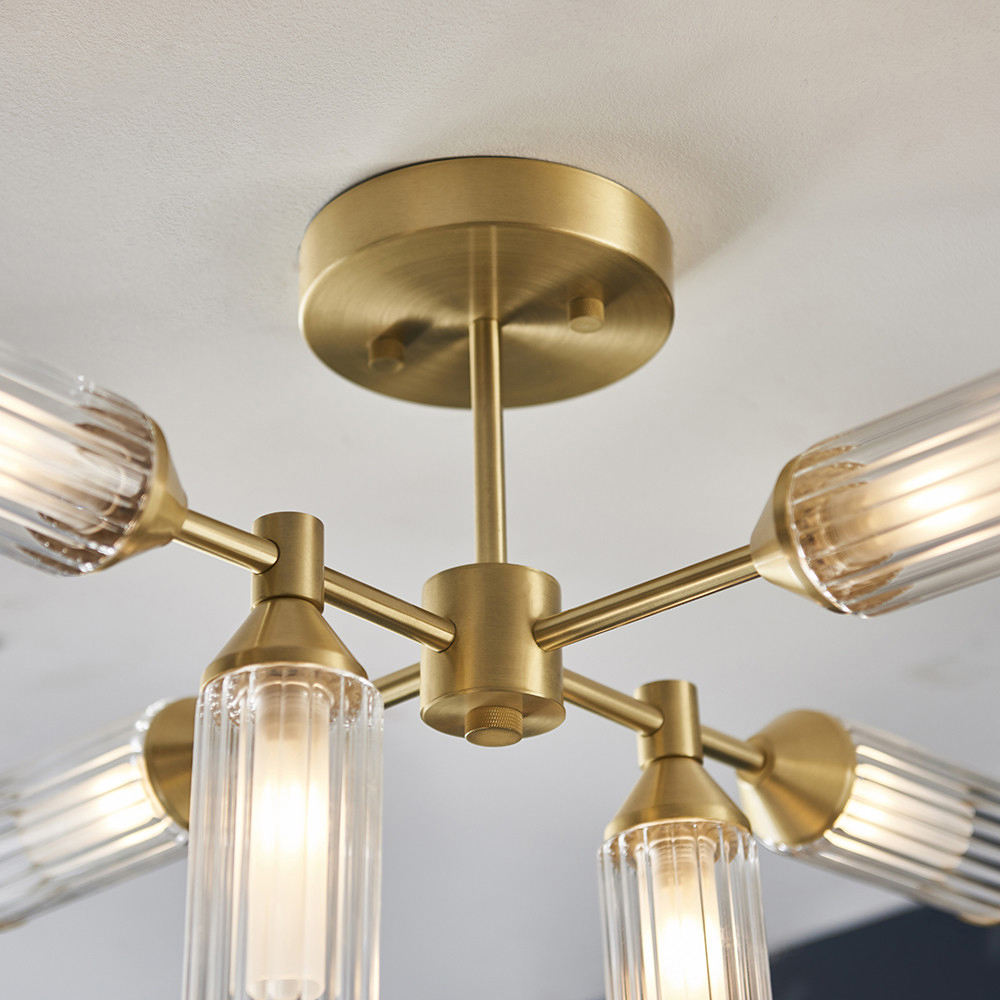 Merano Trieste Satin Brass and Frosted Glass 6 Light Ceiling Semi Flush Image 4