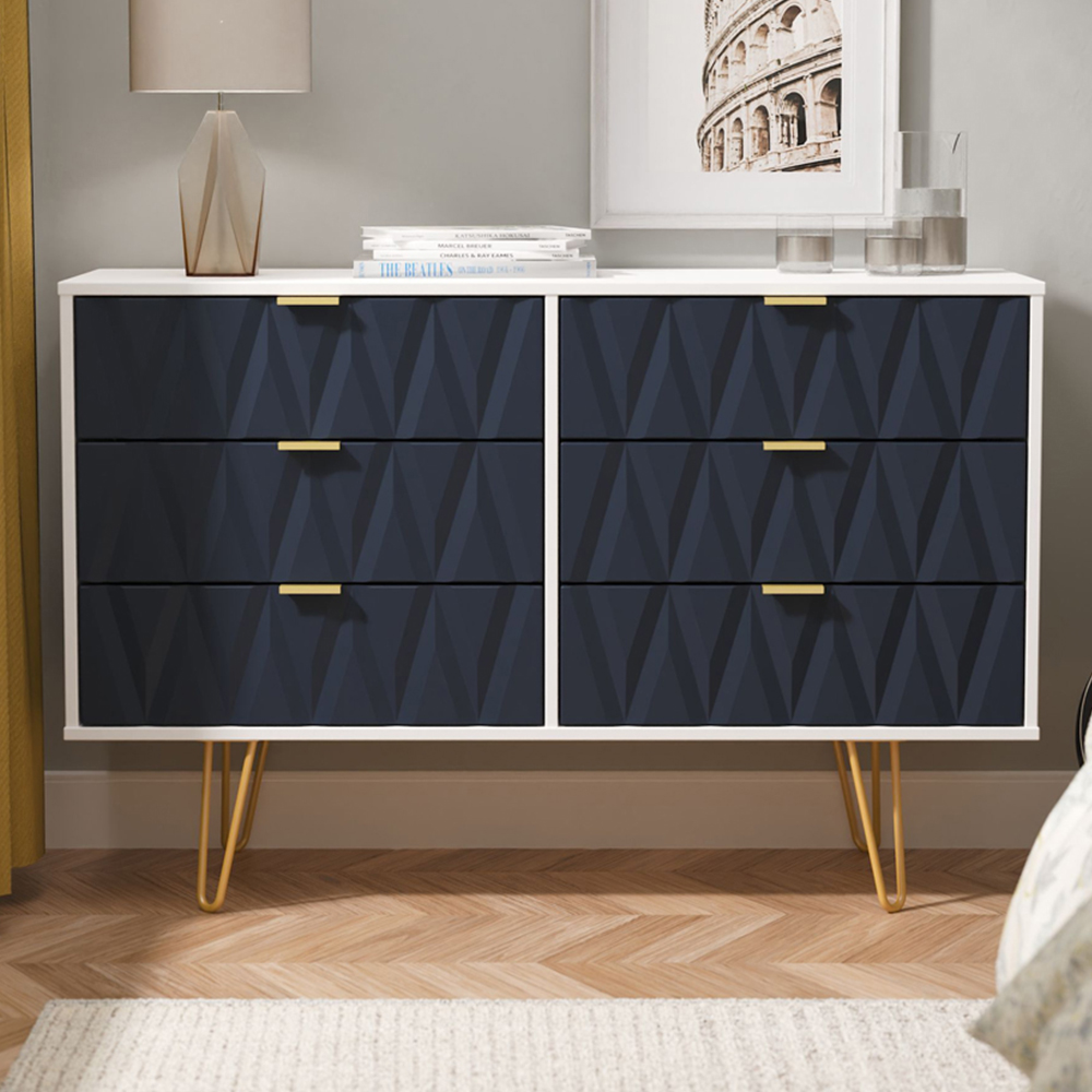 Crowndale Diamond 6 Drawer Indigo Matt and White Wide Chest of Drawers Ready Assembled Image 1