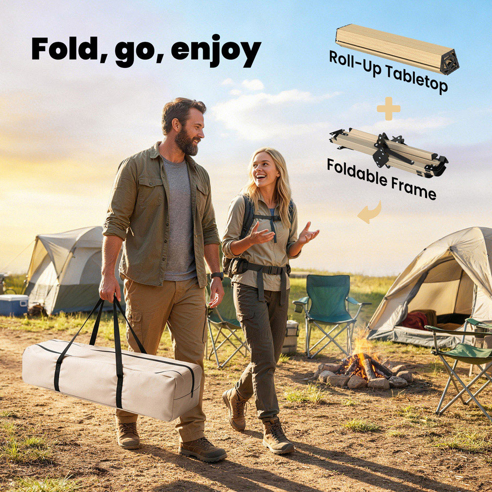 Outsunny 4ft Brown Roll Up Top Metal Frame Foldable Camping Table Image 4