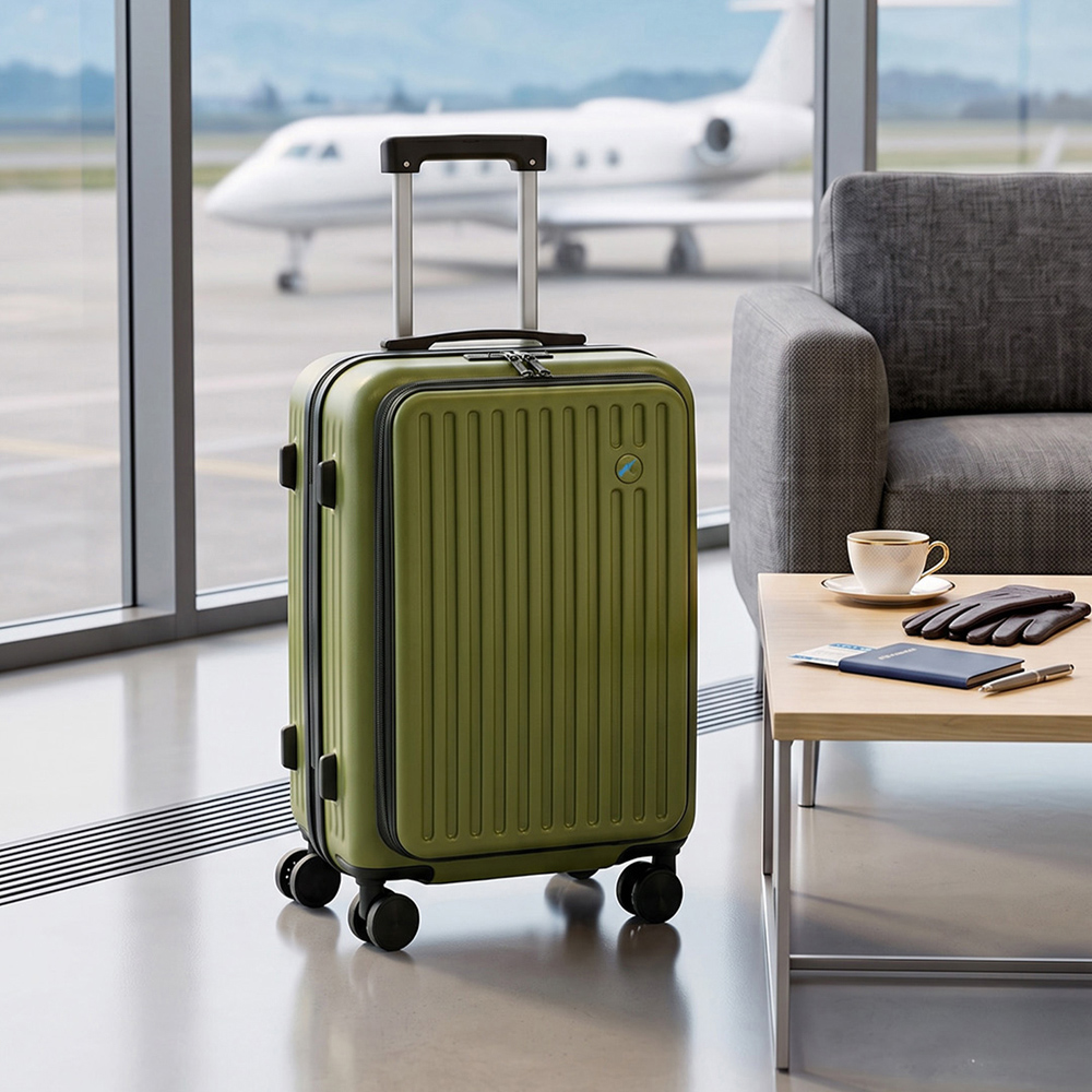 H&O Direct Green Hard Shell Suitcase with Front Pocket Cup Holder and USB Port 20 inch Image 2