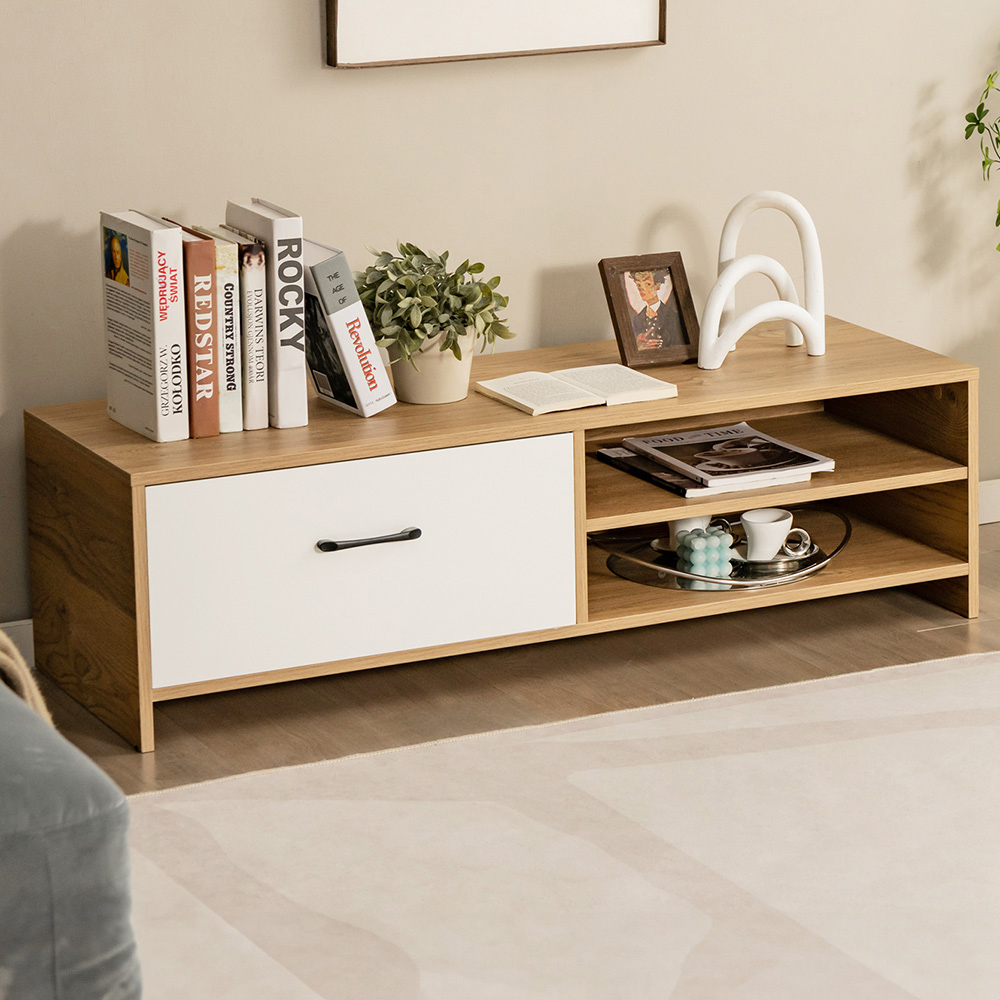 Costway Single Drawer 2 Shelf Natural and White TV Stand Image 1