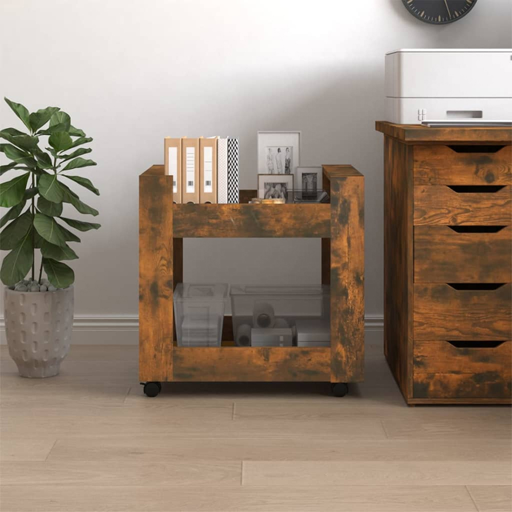 vidaXL 2 Shelf Smoked Oak Wooden Desk Trolley Image 7