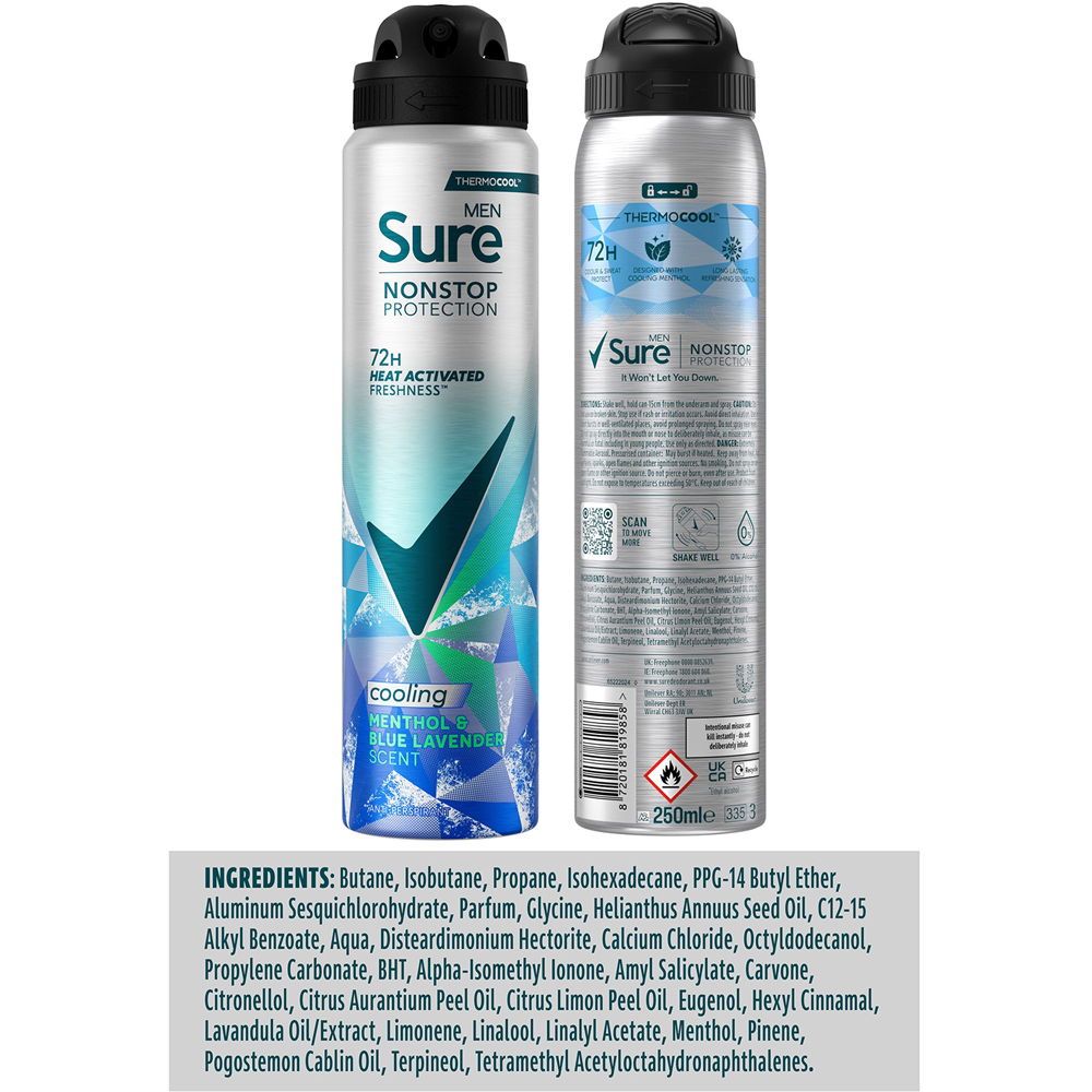 Sure Men Nonstop Protection Menthol and Blue Lavender Anti-Perspirant Spray 250 ml 6 Pack Image 7
