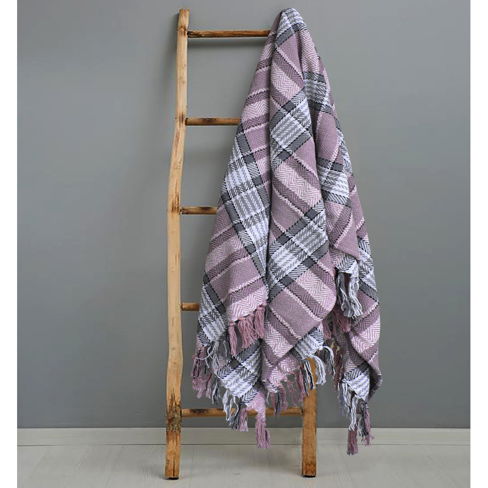 Velosso Blush and Grey Bourbon Check Cotton Woven Tasselled Throw 178 x 254cm Image 2