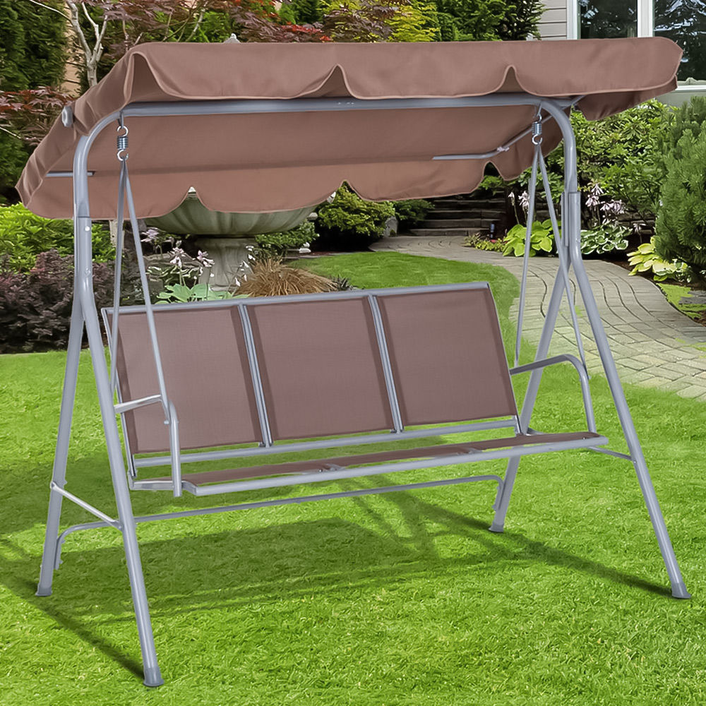 Outsunny 3 Seater Brown Swing Chair with Canopy Image 1