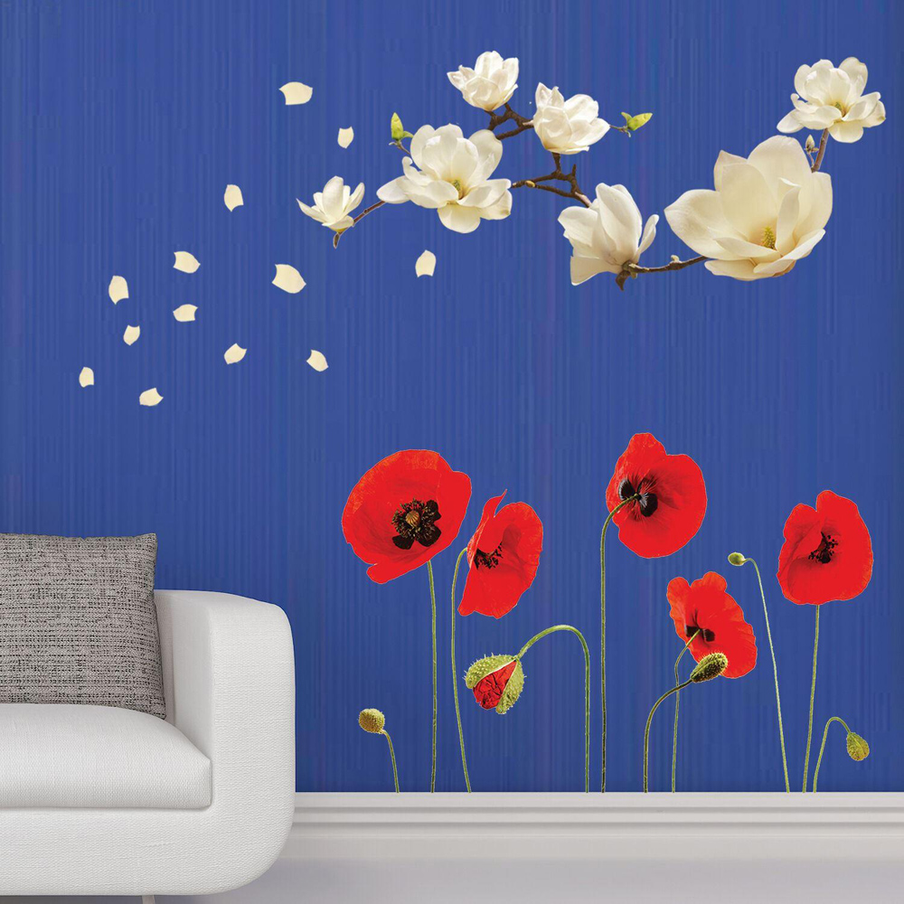 Walplus Flower Theme Magnolia and Poppe White Self Adhesive Wall Stickers Image 4