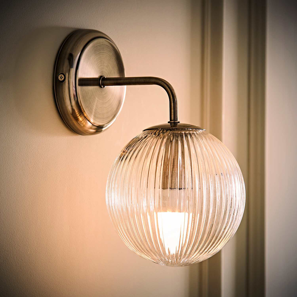 ValueLights Kempton Ribbed Globe Shade Brushed Chrome Wall Light with Bulb Image 2