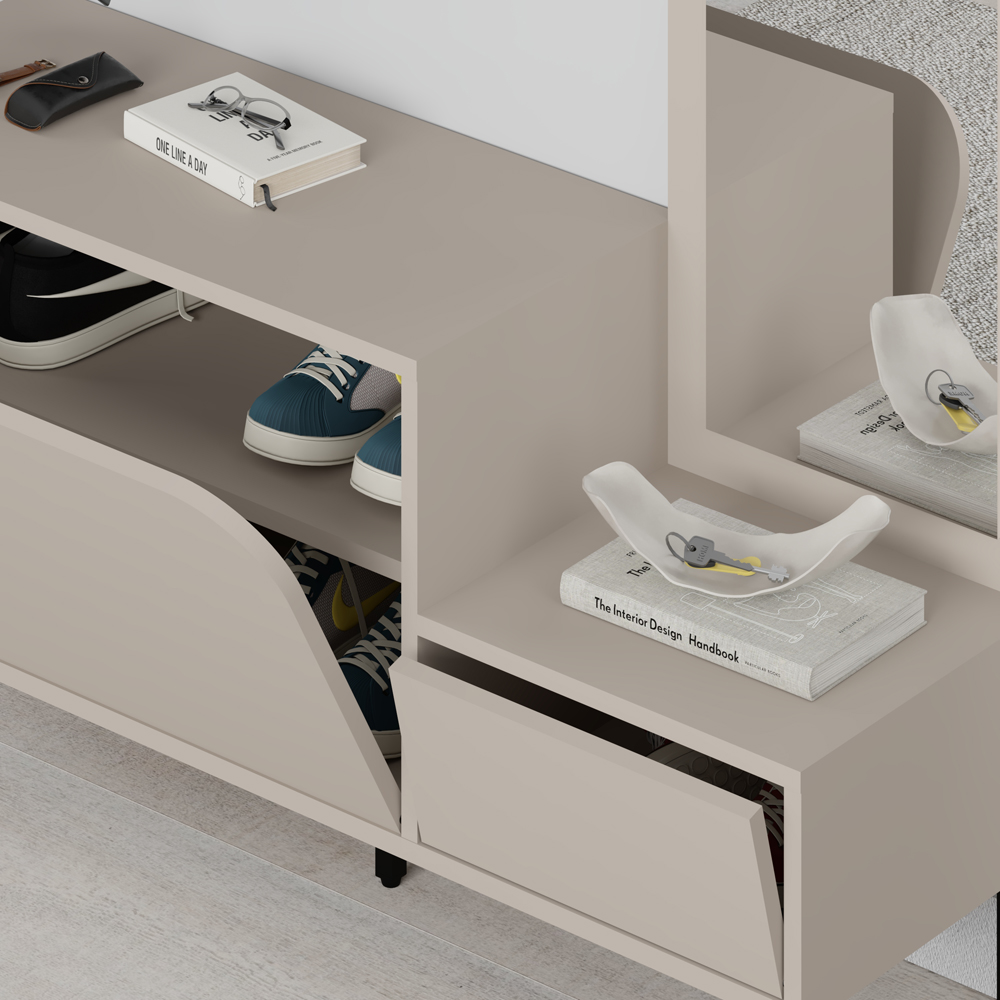 Decortie Mila 2 Door Sandstone Shoe Cabinet with Mirror and 5 Hook Hanger Image 3