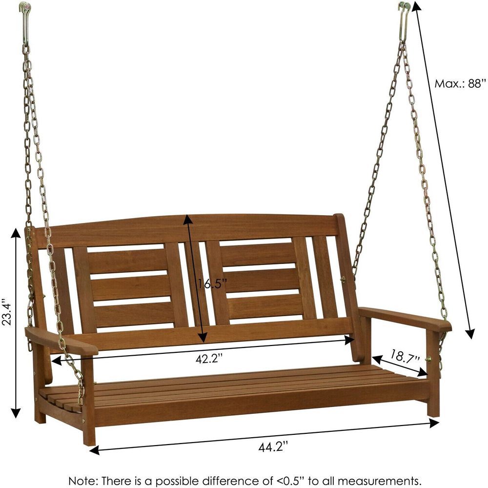 Walplus 2 Seater Natural Hardwood Hanging Porch Swing with Chain Image 5