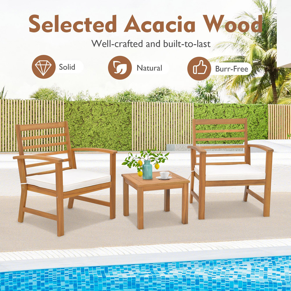 Costway 2 Seater Acacia Wood Patio Bistro Set with Cushion White Image 5