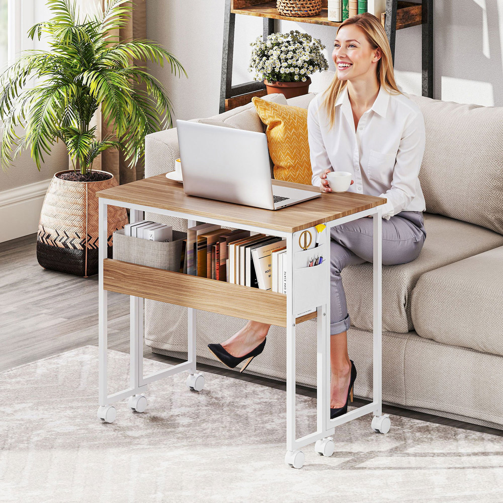 HOMCOM Single Shelf Foldable Computer Desk with Wheels and Side Bag Natural Image 3